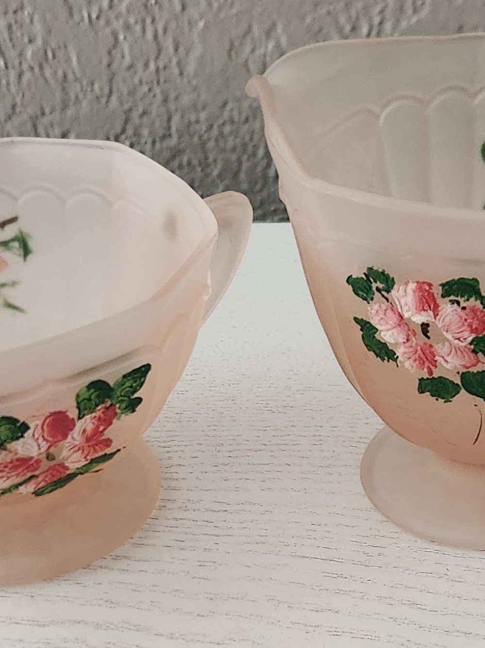 Vintage Anchor Hocking Rose Pink Satin Depression Glass Creamer & Sugar Set